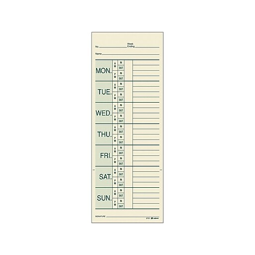 Adams Time Cards for Pyramid 1000 Time Clock, 200/Pack (9791-200