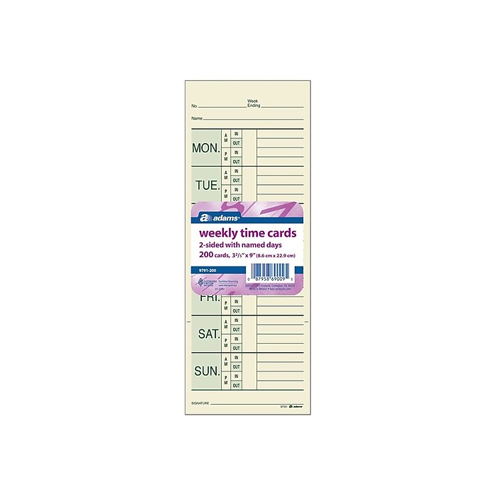 Adams Time Cards for Pyramid 1000 Time Clock, 200/Pack (9791-200