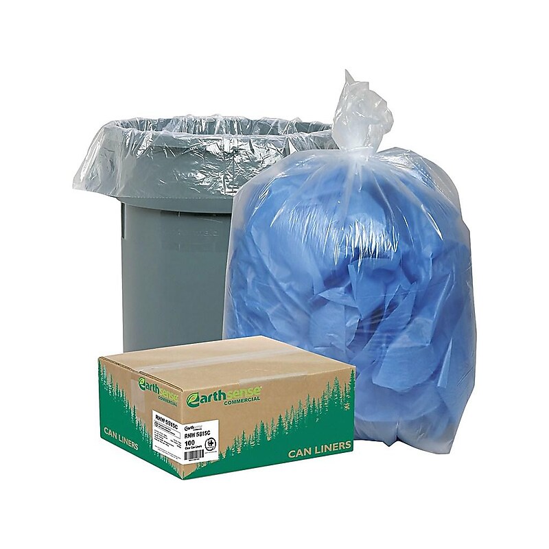 Earthsense Clear Recycled Can Liners, 55 Gallons, 1.5 mil, Clear, 38" x 58", 100 Bags/Box (RNW5815C) image 1