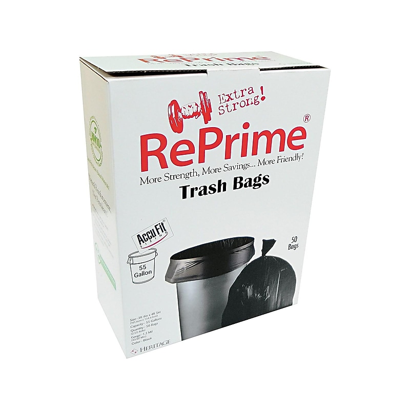 Heritage AccuFit 55 Gallon Industrial Trash Bag, 40" x 53", Low Density, 1.3 Mil, Black, 50 Bags/Box (H8053PK RC1) image 1