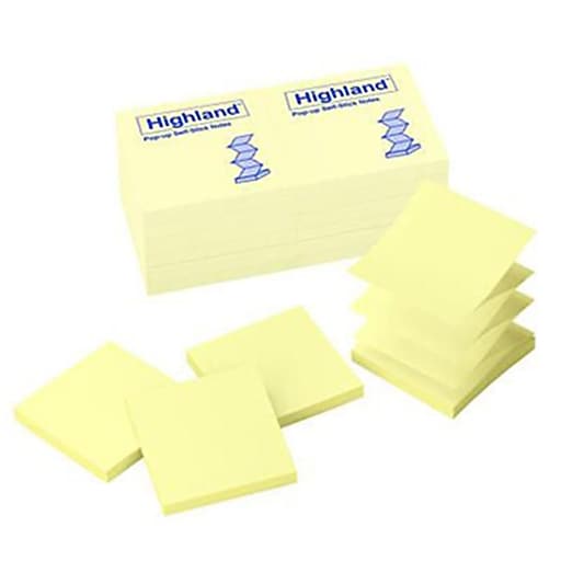 Highland Popup Notes, 3" x 3", Yellow, 100 Sheet/Pad, 12 Pads/Pack