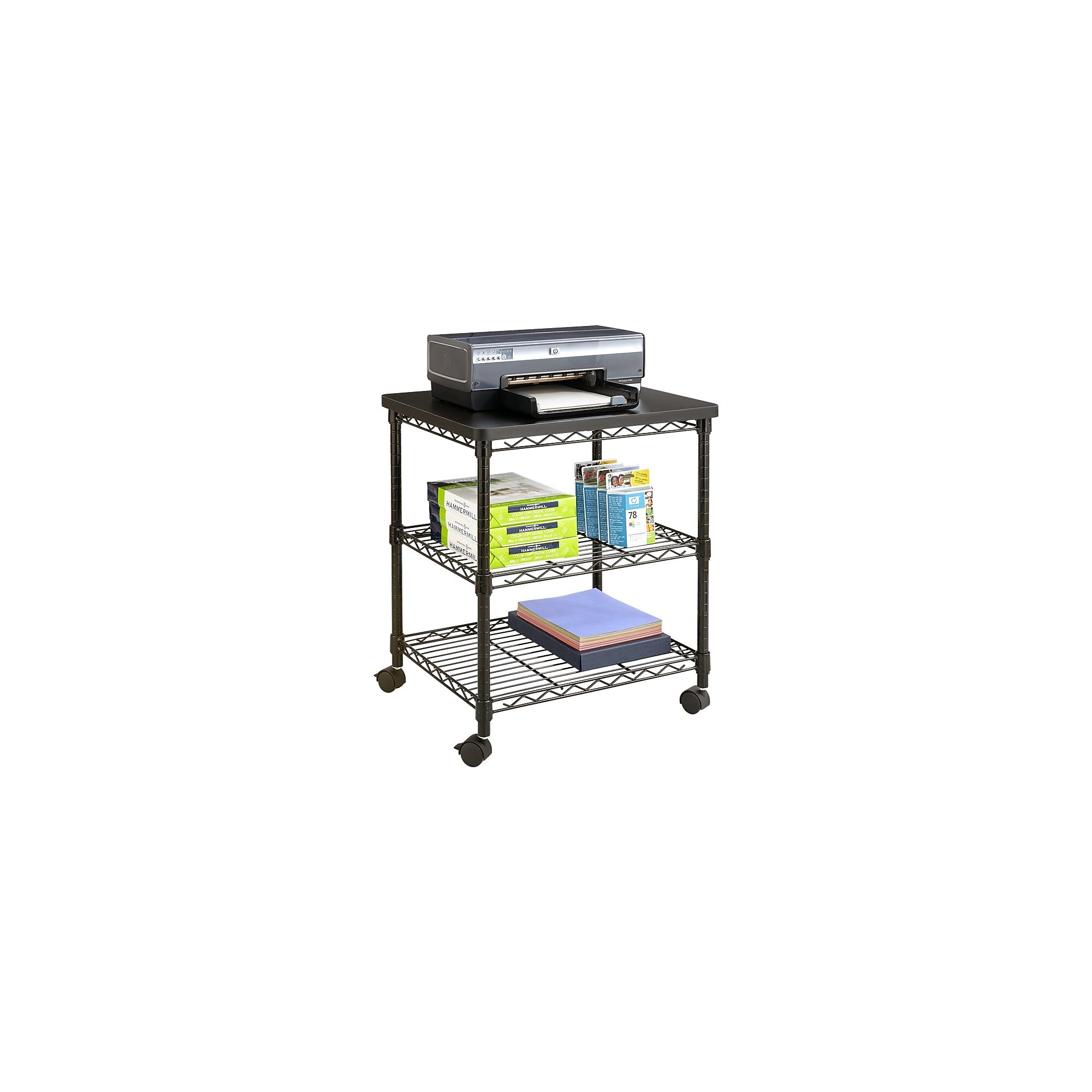 Safco Deskside 2-Shelf Metal Mobile Printer Stand with Lockable Wheels, Black (5207BL) Simolary simolary.com