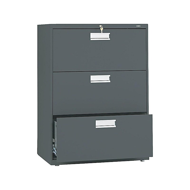 HON Brigade 600 Series 3-Drawer Lateral File Cabinet, Locking, Letter/Legal, Charcoal, 30"W (H673.L.S) image 1