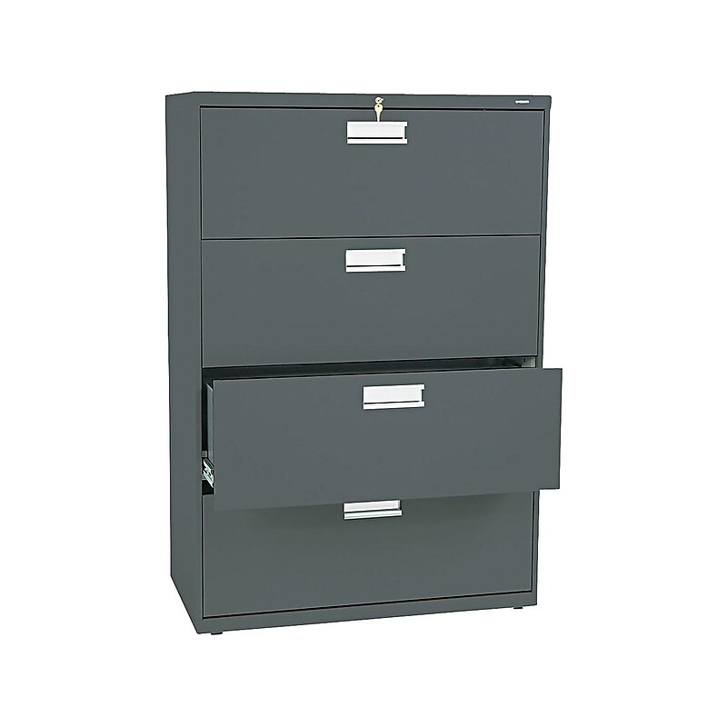 HON Brigade 600 Series 4-Drawer Lateral File Cabinet, Locking, Letter/Legal, Charcoal, 36"W (H684.L.S) image 1