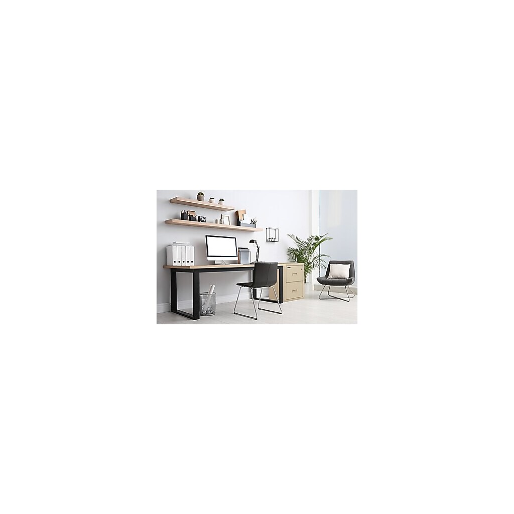 Beige two-drawer vertical file cabinet with partially opened drawers
