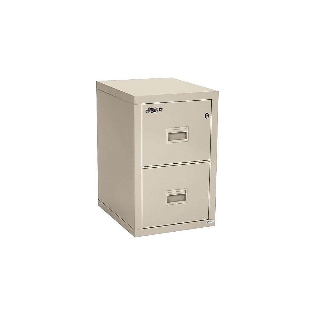 Beige two-drawer vertical file cabinet with two closed drawers
