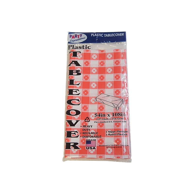 Table Mate Plaid 108"x 54" Plastic Table Covers, Red/White, 6/Pack (549rdg) image 1