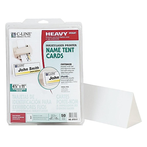 11 x 4 1/4 50 Letter Sheets/Box White Cardstock C-Line 87517 Printer-Ready Name Tent Cards 