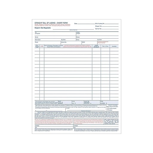 TOPS 3Part Carbonless Bill of Lading, 11.44"L x 8.5"W, 50 Sets/Book