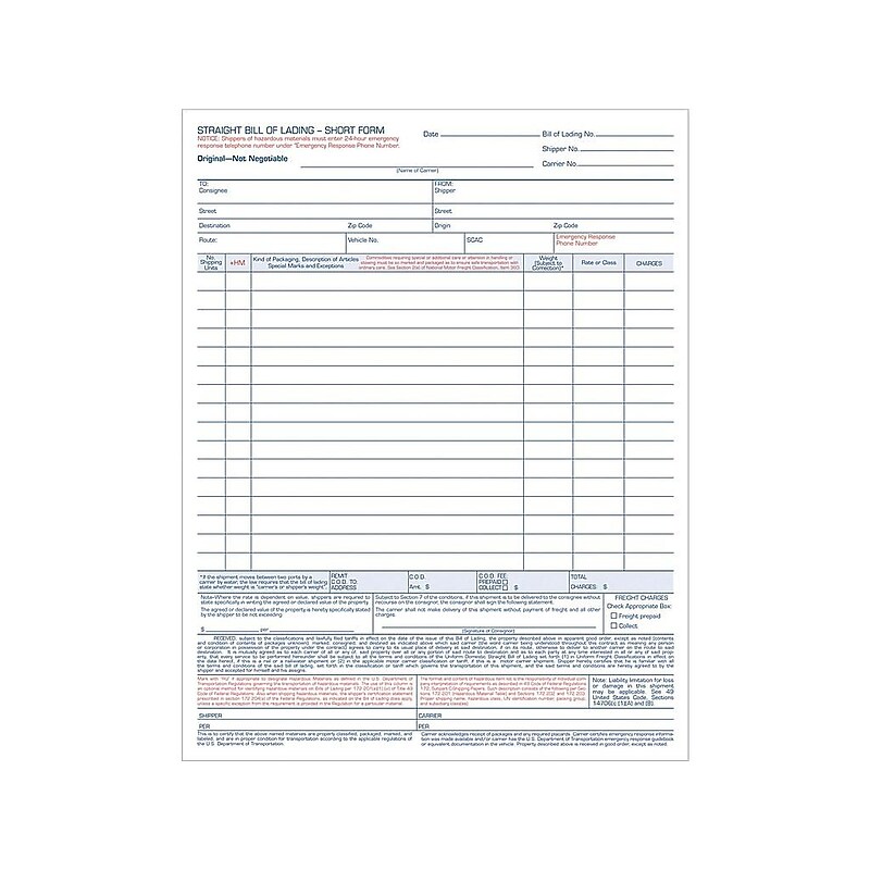 TOPS 3-Part Carbonless Bill of Lading, 11.44"L x 8.5"W, 50 Sets/Book (3846) image 1