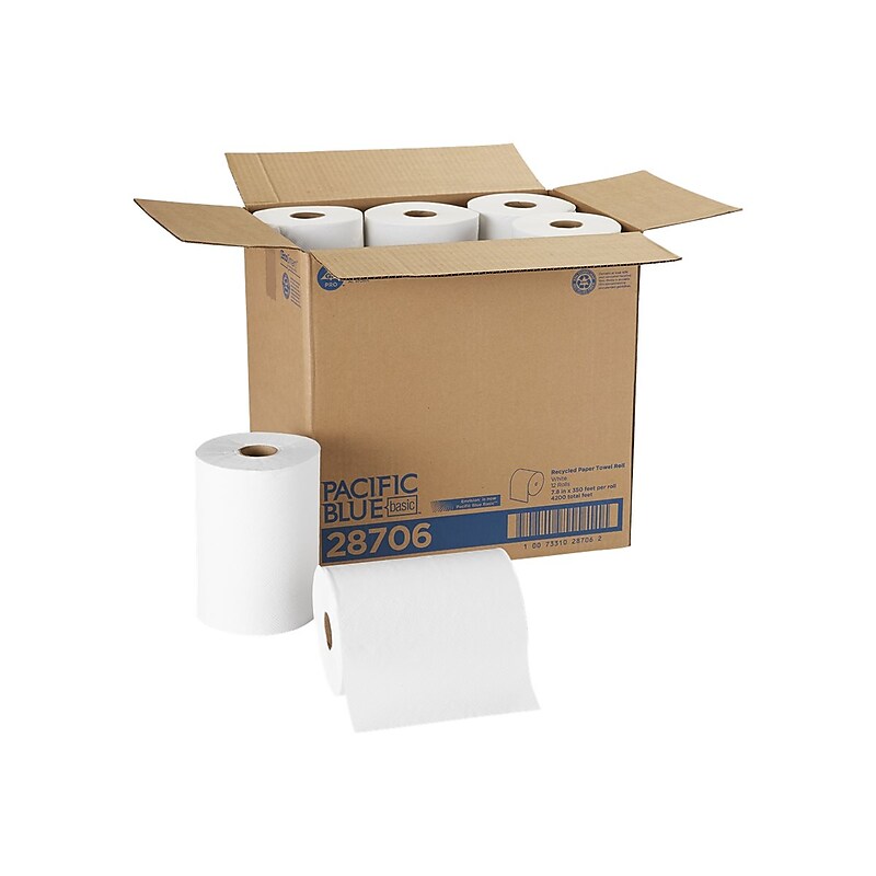 Pacific Blue Basic Recycled Hardwound Paper Towels, 1-ply, 350 ft./Roll, 12 Rolls/Carton (28706) image 1