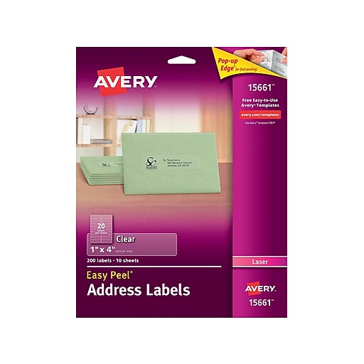 Avery® 15661 1" x 4" Clear Laser Address Labels with Easy Peel®, 200