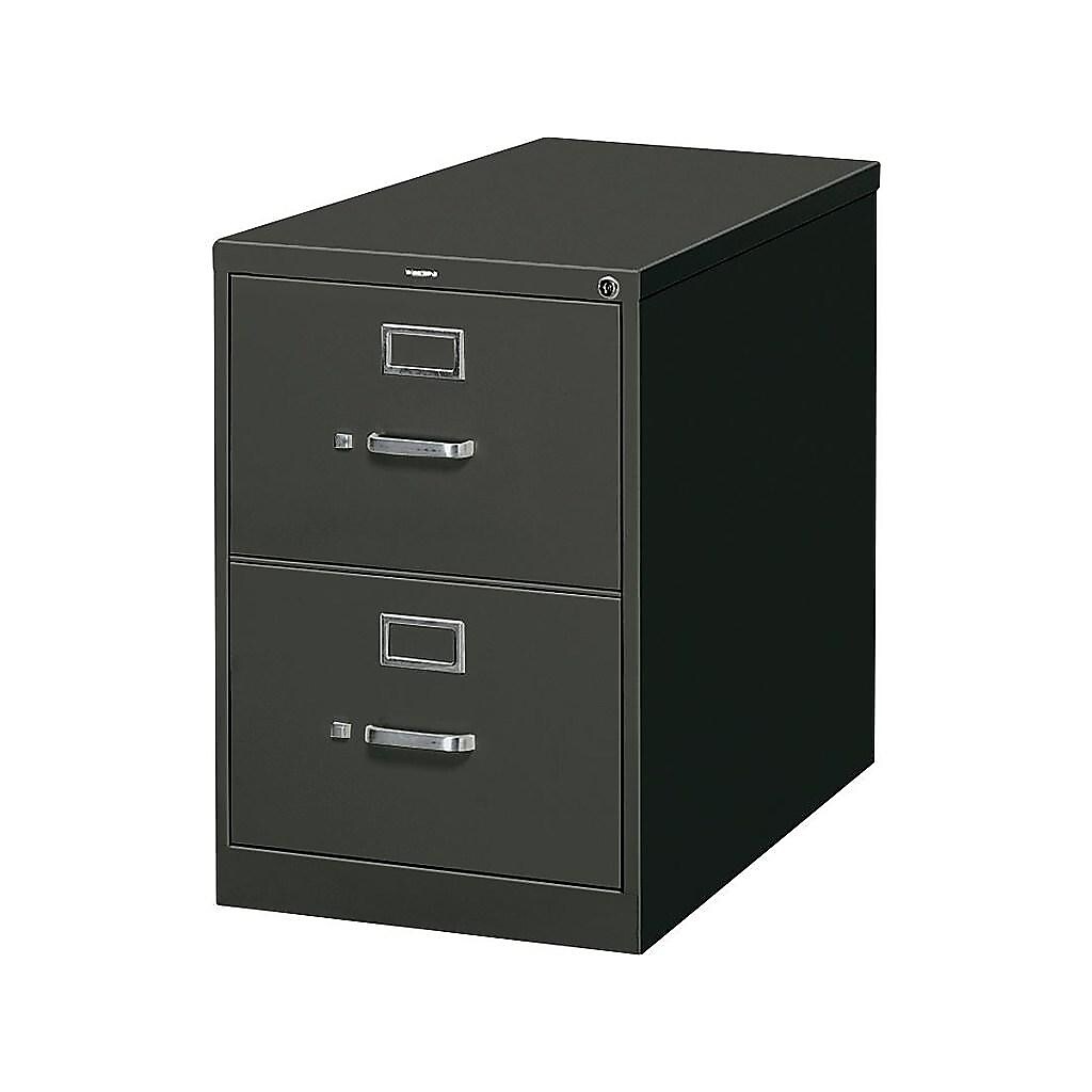 Black two-drawer filing cabinet with both drawers closed