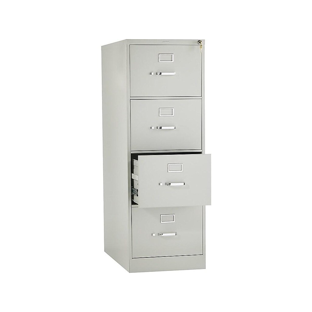 vertical filing cabinet with two top drawers and two lower drawers; one drawer open showing interior
