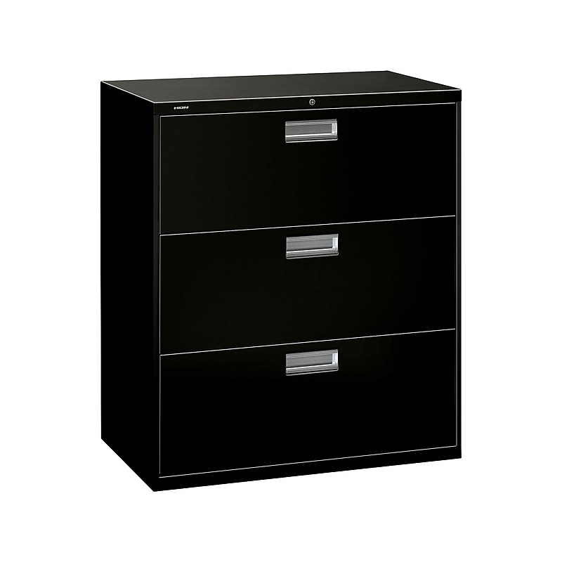 HON Brigade 600 Series 3-Drawer Lateral File Cabinet, Locking, Letter/Legal, Black, 36"W (PHS-88) image 1