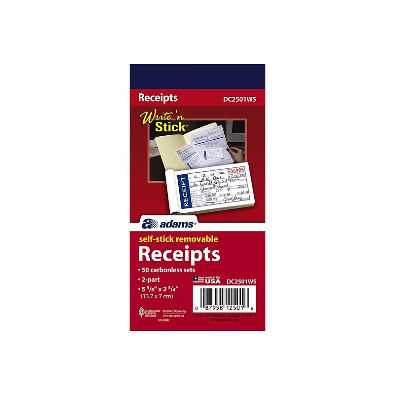 Adams Write 'N Stick Receipt Book, 2.75" x 5.38", White, 50/Pack (ABF DC2501WS) image 1