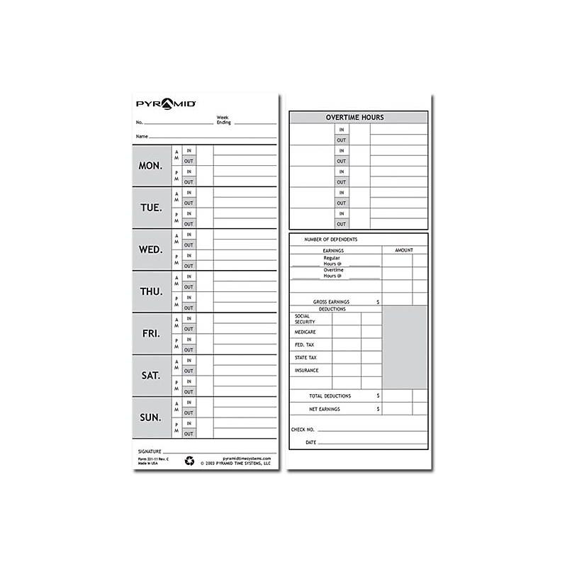 Pyramid Time Cards 1000/2000 Time Clock, 100/Pack (331-11) image 1
