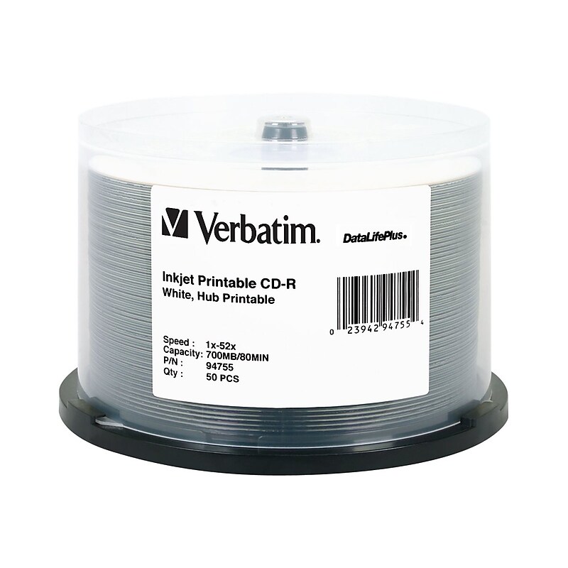 Verbatim DataLifePlus 94755 52x CD-R, White Inkjet Printable, Hub Printable, 50/Pack (VER94755) image 1