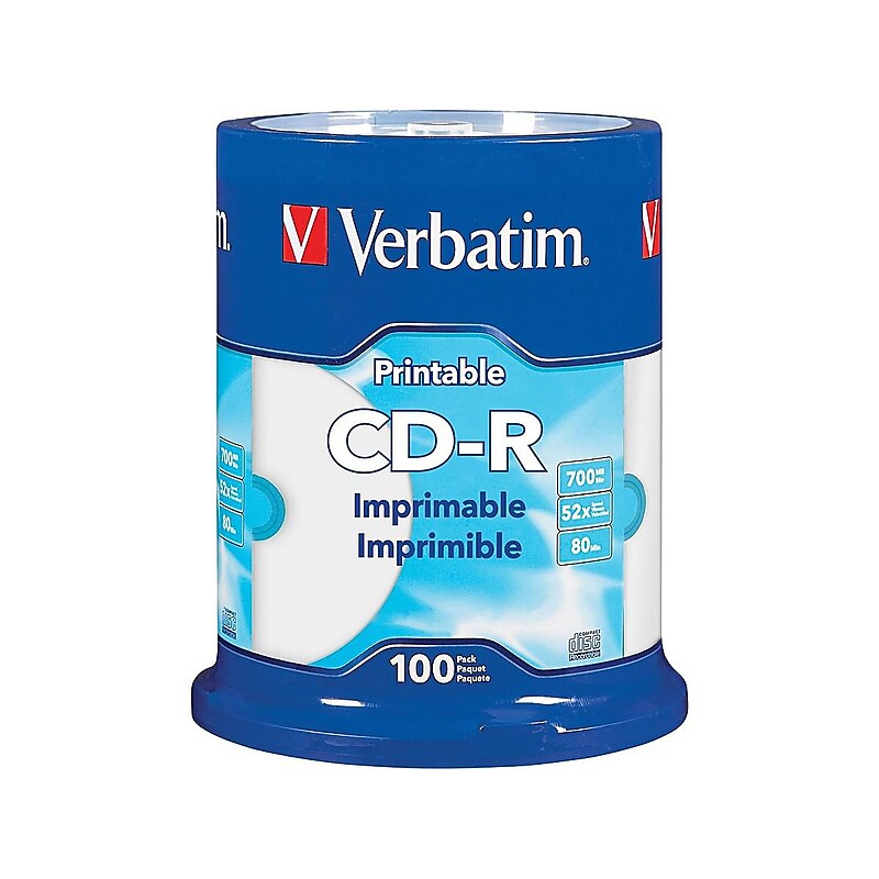 Verbatim 98493 52x CD-R, White Inkjet Printable, Hub Printable, 100/Pack image 1