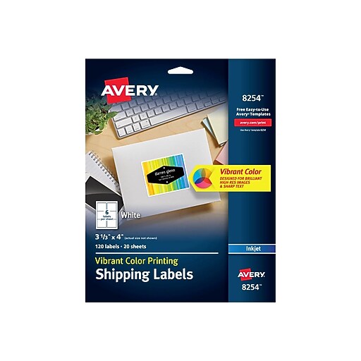 Avery Vibrant Color Printing Inkjet Shipping Labels, 3 1/3" x 4", White