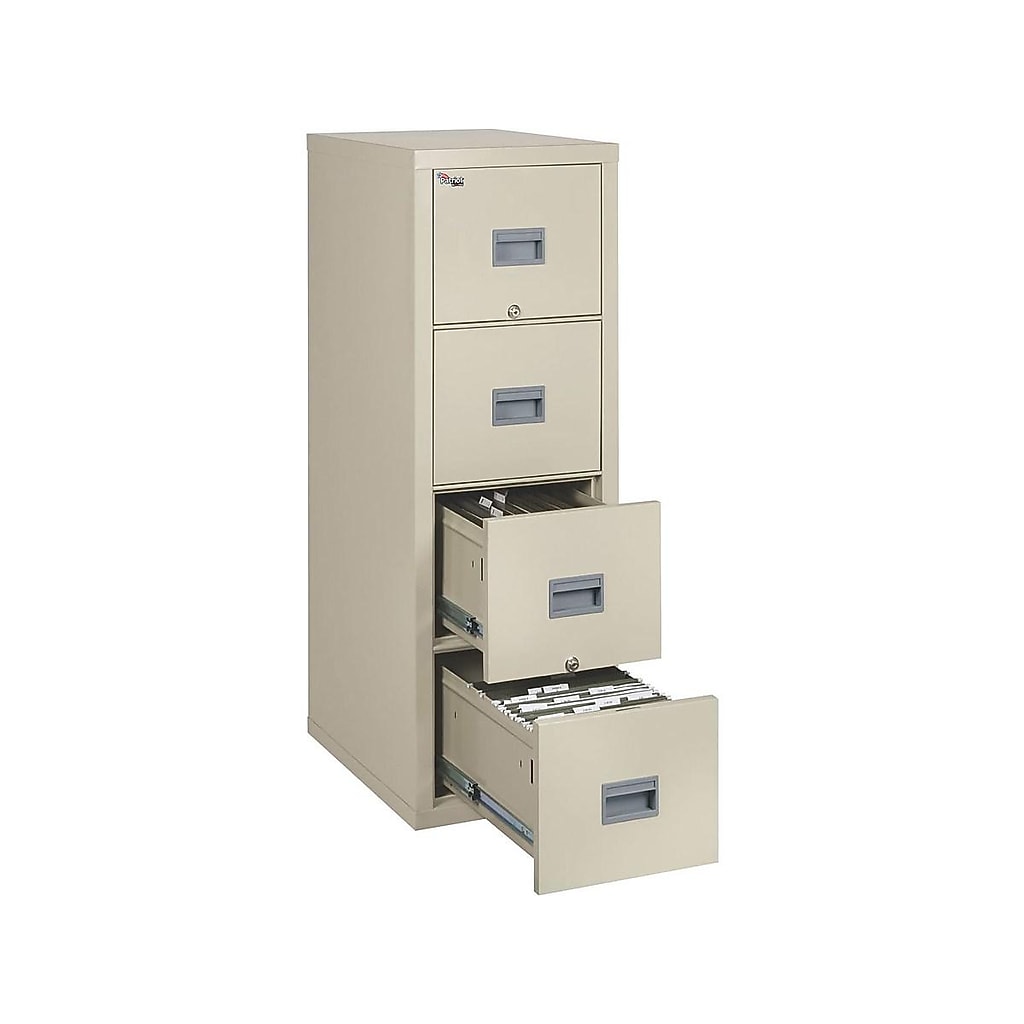 Beige four-drawer vertical file cabinet with drawers opened