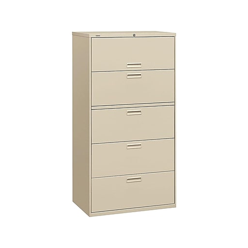 hon 500 series 5-drawer lateral file cabinet, locking, letter/legal,  putty/beige, 36"w (h585.l.l)