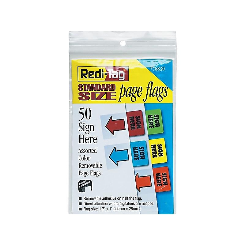 Redi-Tag Standard Page Flags, 'Sign Here', Assorted Colors, 11 1/16" x 1", 50/Pk (76830) image 1