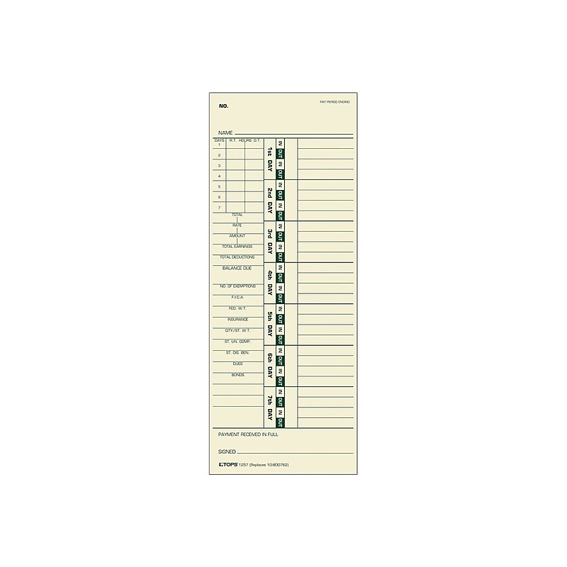 TOPS Time Cards for Acroprint 125, 150, 175, ES700, ES900, ESP180, Amano PIX/TCX, Lathem 900E, 1200, 500/Box (TOP 1257) image 1