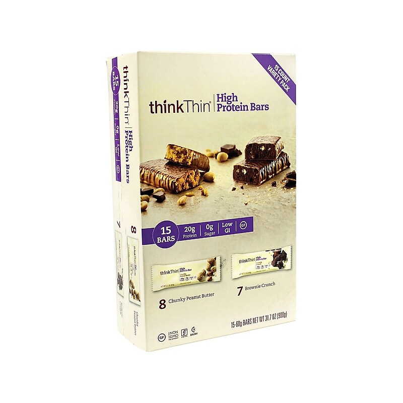 thinkThin Gluten Free Protein Bar Variety Pack, 2.1 oz., 15 Bars/Box (220-00555) image 1