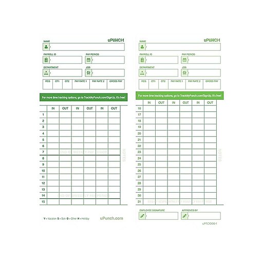 uPunch Time Cards for HN1000/3000 Time Clocks, 100/Pack (HNTCG1100