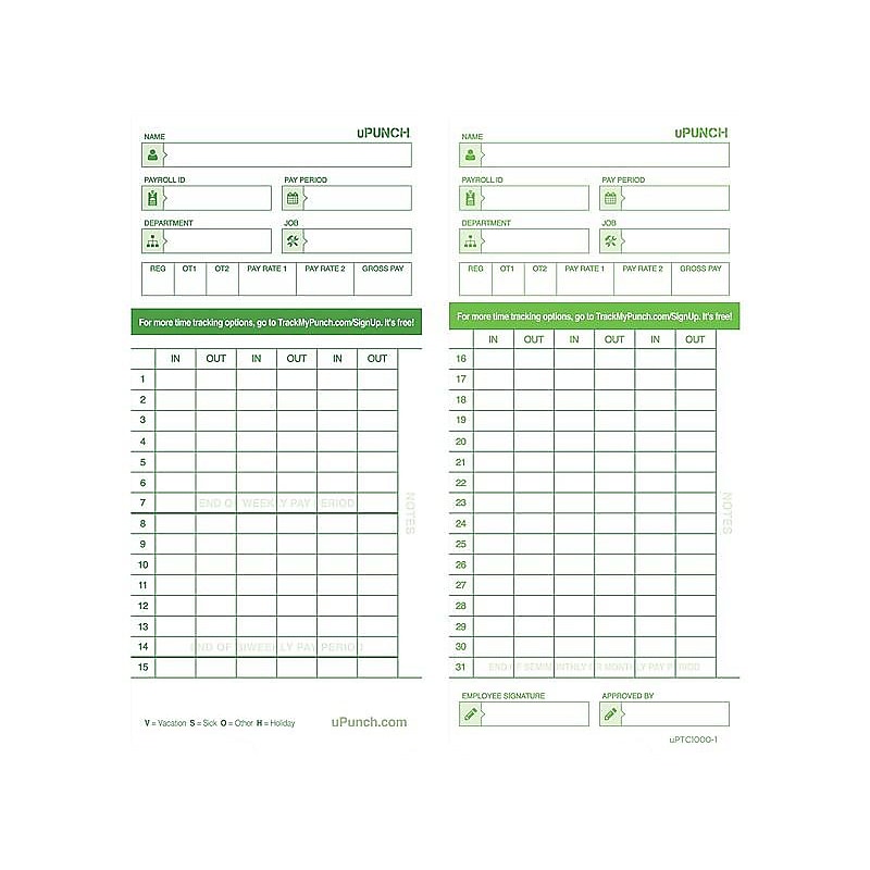 uPunch Time Cards for HN1000/3000 Time Clocks, 100/Pack (HNTCG1100) image 1