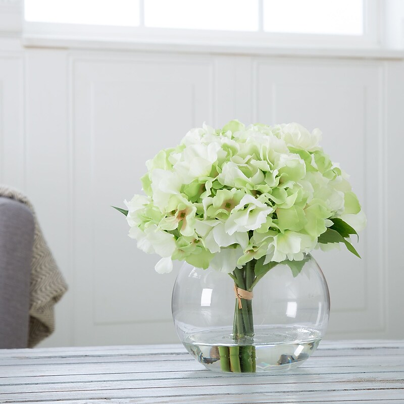 Pure Garden Hydrangea Floral Arrangement with Glass Vase - Green image 1