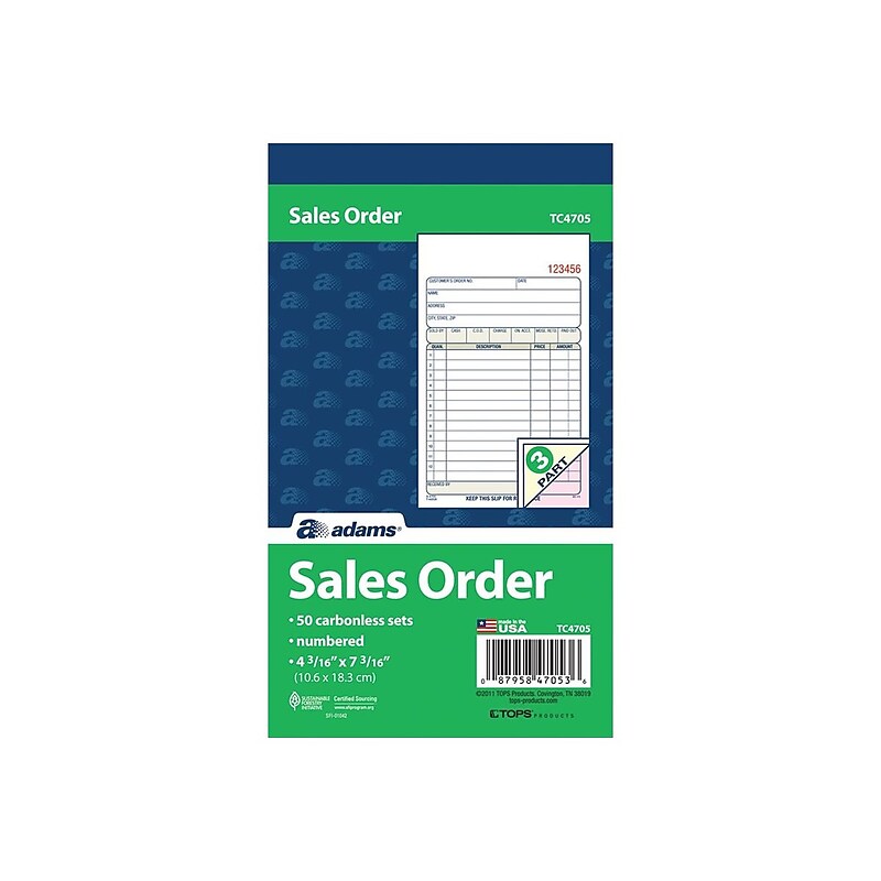 Adams 3-Part Carbonless Sales Orders, 7.19"L x 4.19"W, 50 Sets/Book (TC4705) image 1