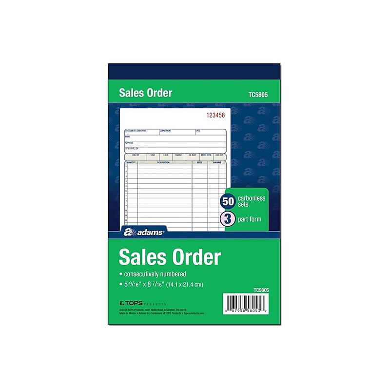 Adams 3-Part Carbonless Sales Orders, 8.44"L x 5.56"W, 50 Sets/Book (TC5805) image 1