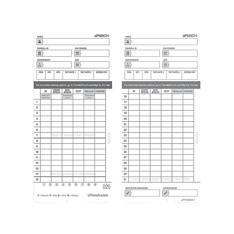 uPunch Time Card for HN4000 Time Clock, 100/Pack (HNTCL2100) image 1