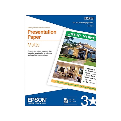 Epson® Presentation Paper, Letter Size (8 1/2 x 11), Pack Of 100 Sheets,  27 Lb, Matte White