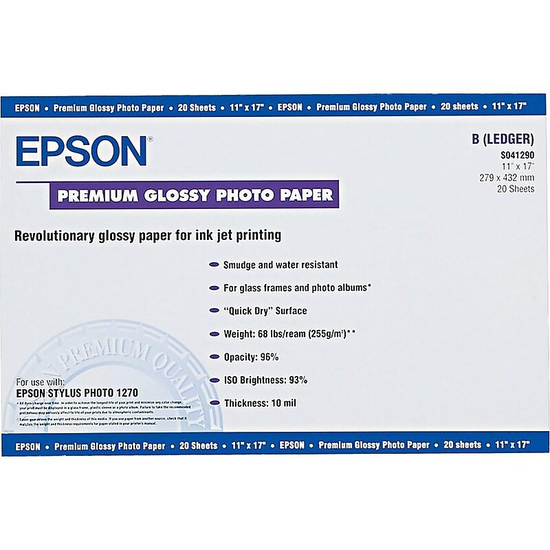 Epson Premium Glossy Photo Paper, 11" x 17", 20 Sheets/Pack (EPSS041290) image 1