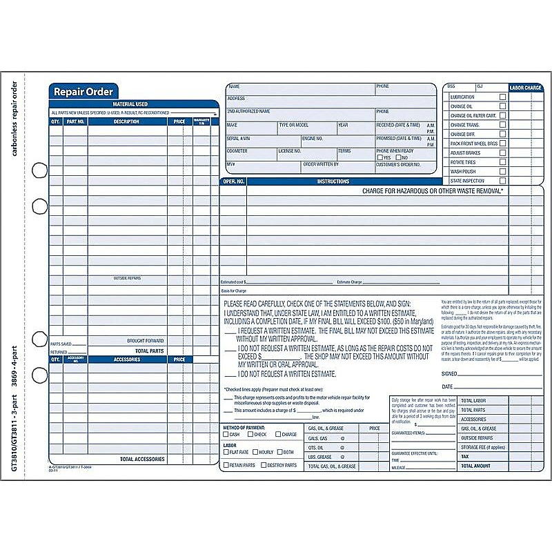 Adams 3-Part Carbonless Auto Repairs, 11.44"L x 8.5"W, 50 Sets/Book (GT3810) image 1