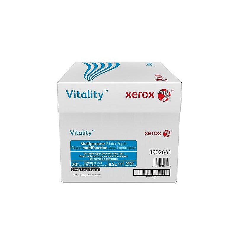 Xerox Vitality 8.5" x 11" 3-Hole Punched Multipurpose Paper, 20 lbs., 92 Brightness, 5000/Carton (3R2641) image 1