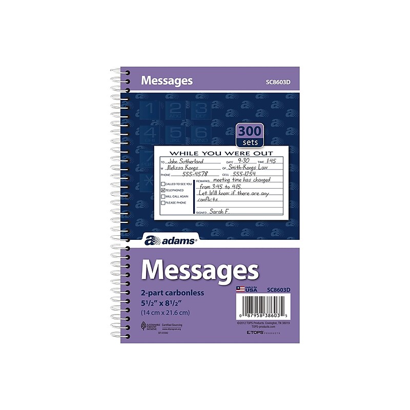 Adams Phone Message Pad, 5.5" x 8.5", Ruled, White, 100 Sheets/Pad (SC8603D) image 1