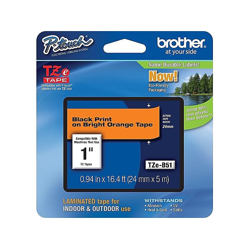 Brother P-touch TZe-B51 Laminated Label Maker Tape, 1" x 16-4/10', Black On Fluorescent Orange (TZe-B51) image 1