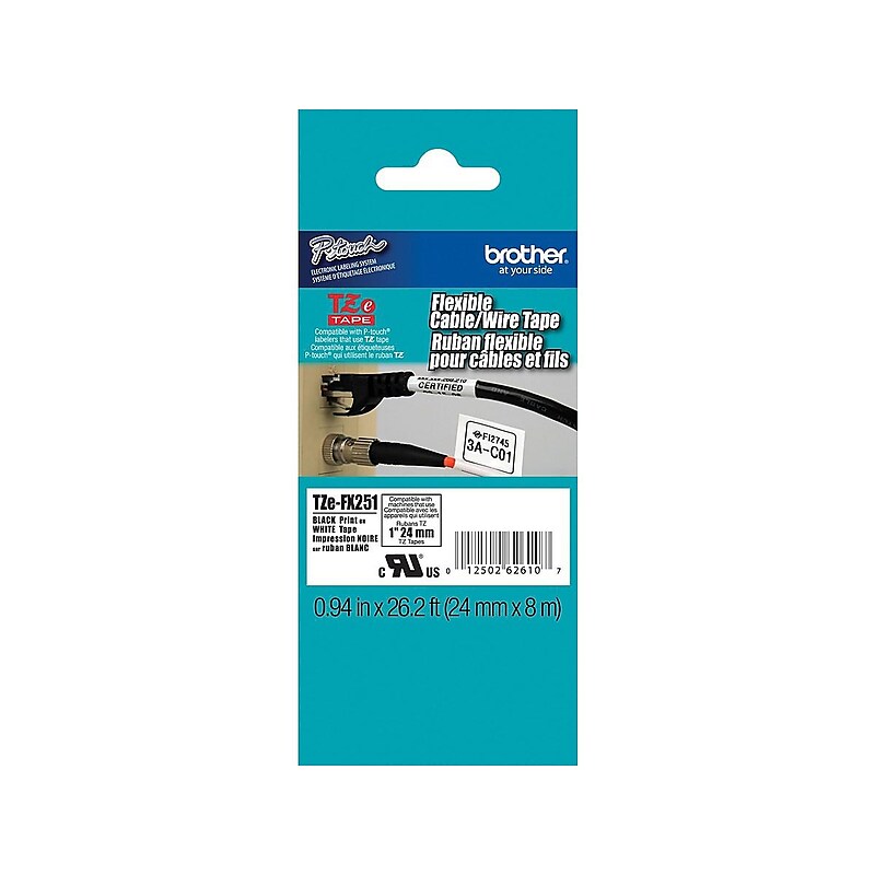 Brother P-touch TZe-FX251 Laminated Flexible ID Label Maker Tape, 1" x 26-2/10', Black on White (TZe-FX251) image 1