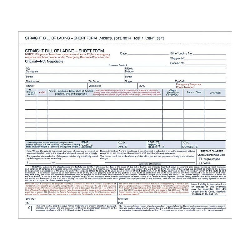 TOPS 3-Part Carbonless Bill of Lading, 8.5"L x 7.44"W, 250 Sets/Book, /Box (L3841) image 1