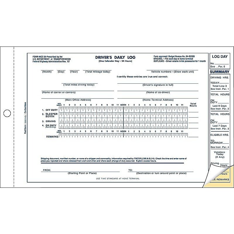 Rediform 2-Part Carbonless Driver's Daily Logs, 9.13"L x 5.5"W, 31 Sets/Book (REDS5031NCL) image 1
