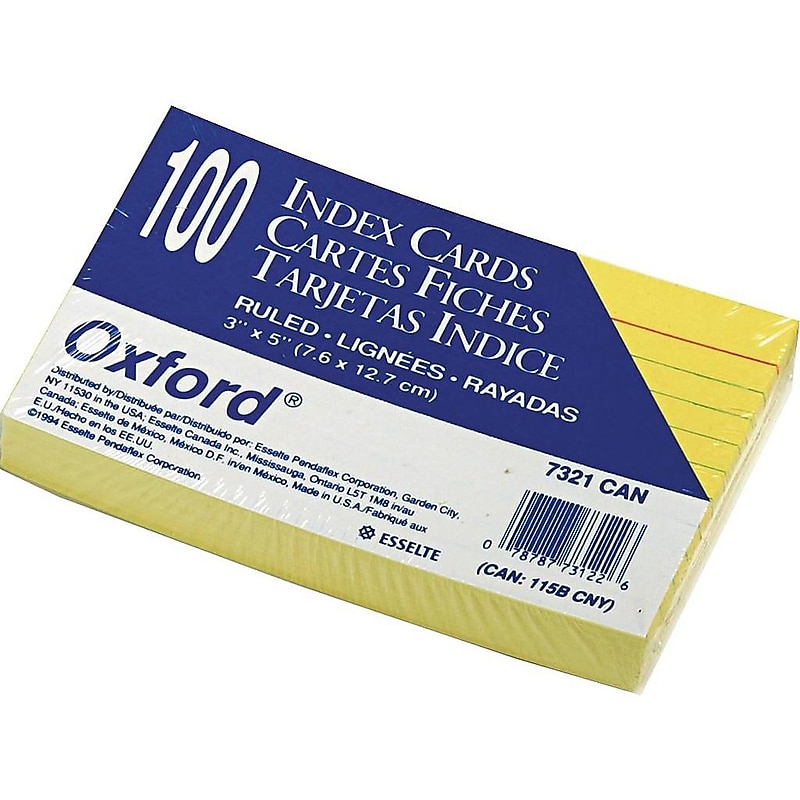 Oxford Ruled 3" x 5" Index Cards, Lined, Canary, 100/Pack (OXF 7321 CAN) image 1