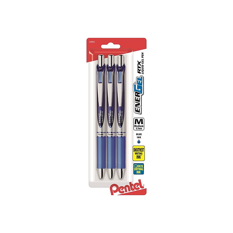Pentel EnerGel RTX Retractable Gel Pens, Medium Point, 0.7mm, Blue Ink, 3/Pack (BL77BP3C) image 1