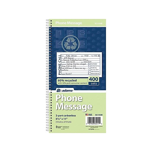 Adams Phone Message Pad, 5.5" x 11", Ruled, White, 100 Sheets/Pad