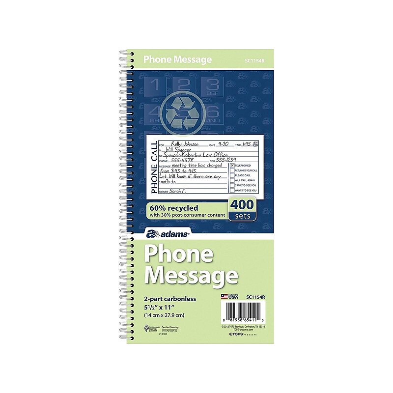 Adams Phone Message Pad, 5.5" x 11", Ruled, White, 100 Sheets/Pad (SC1154R) image 1