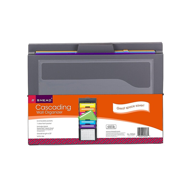 Smead 6 Pocket Cascading Poly Letter Size Wall Organizer, Gray/Bright Pockets (92060) image 1