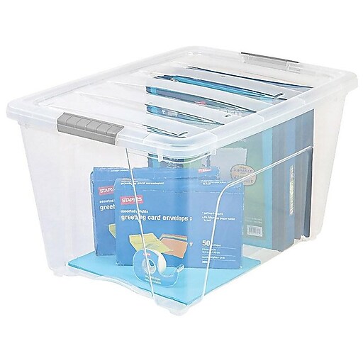 Iris 15 Gallon Clear Plastic Storage Boxes with Blue Lid, Pack of 4